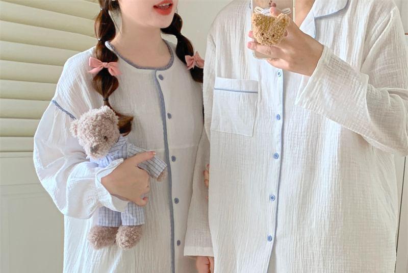 Couple Matching Long Sleeve Contrast Trim Button Pajama Top / Straight Leg Pants / Pajama Dress / Set (Various Designs) Product Image