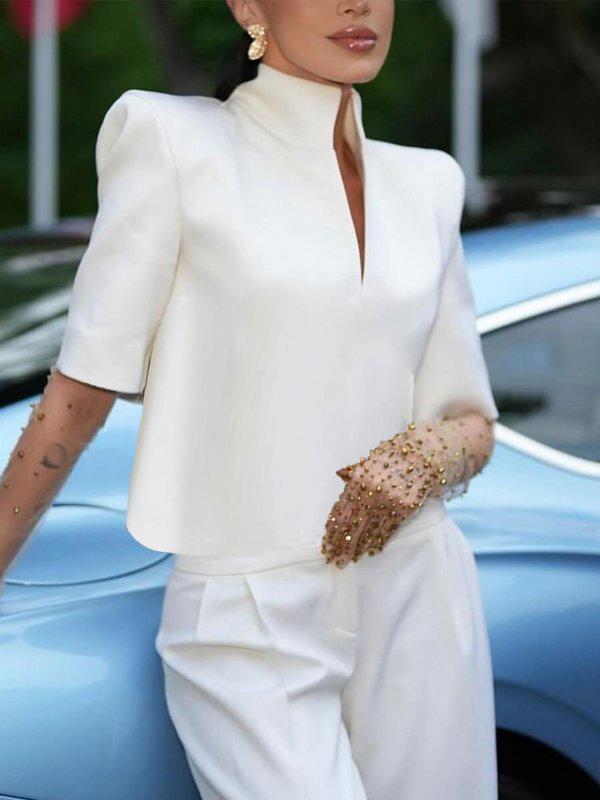 Half Sleeves Loose Solid Color Split-Joint Stand Collar Blouses&Shirts Tops Product Image