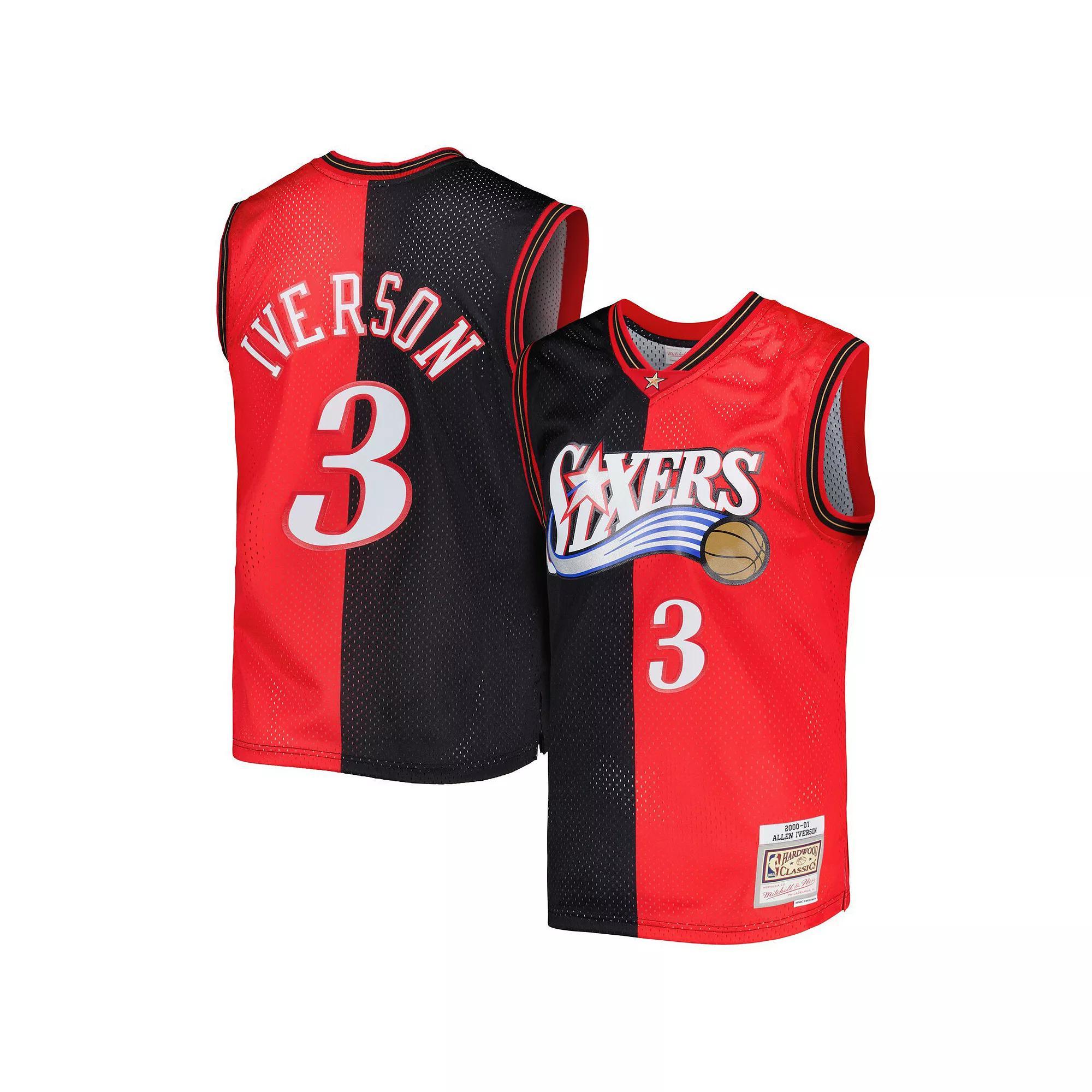 Men's Mitchell & Ness Allen Iverson Black/Red Philadelphia 76ers Hardwood Classics 2000/01 Split Swingman Jersey, Size: 4XL, 76r Black Product Image