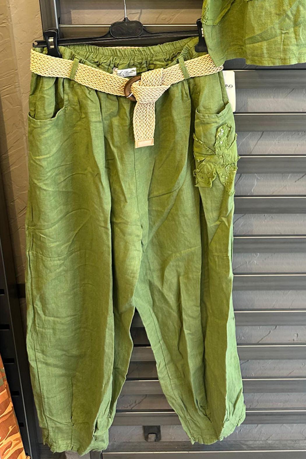 Sequin Flower Applique Linen Pants Product Image