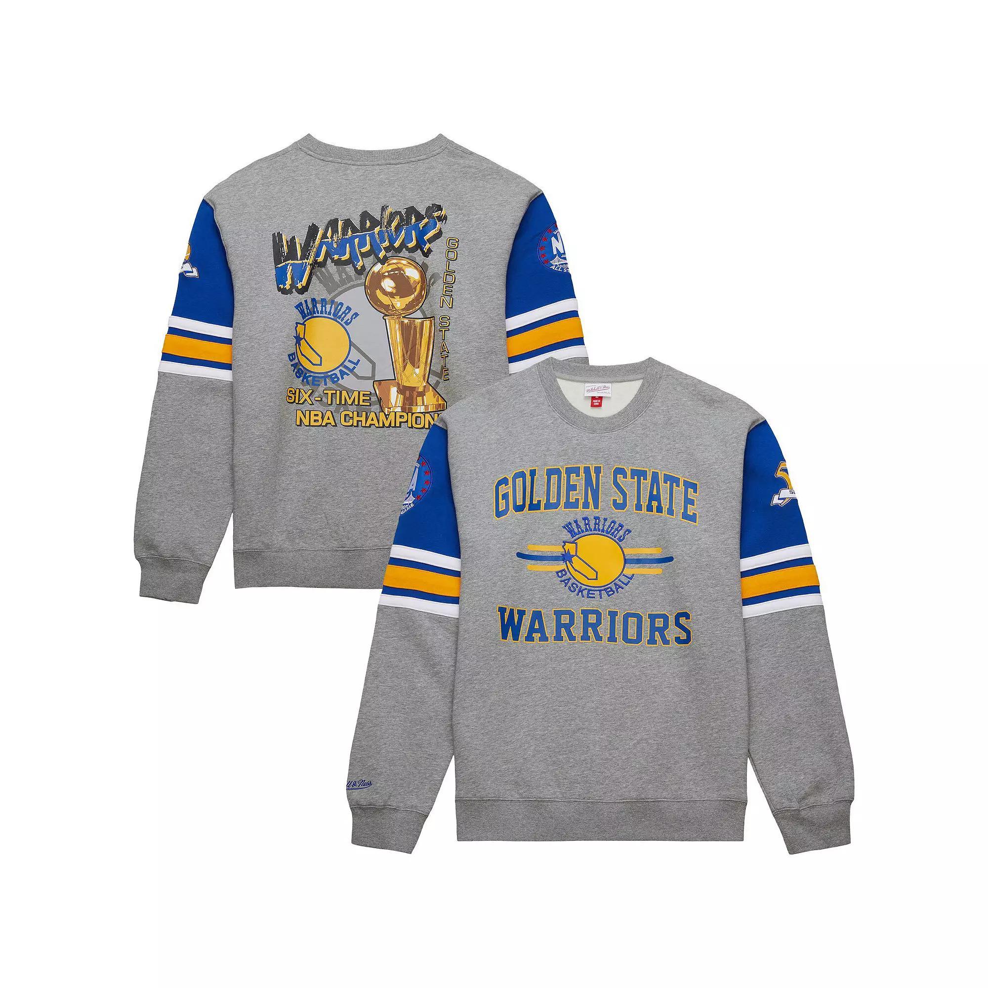 Men's Mitchell & Ness Heather Gray Golden State Warriors Hardwood Classics All Over 4.0 Pullover Sweatshirt,  Product Image