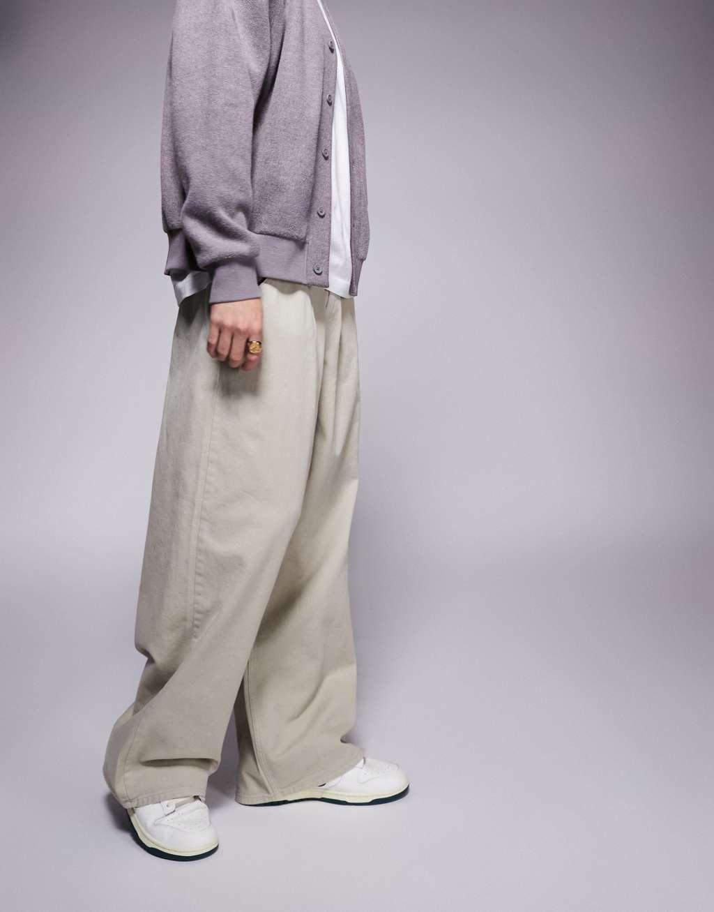 ASOS DESIGN super baggy pull on pants with pleats in stone Product Image