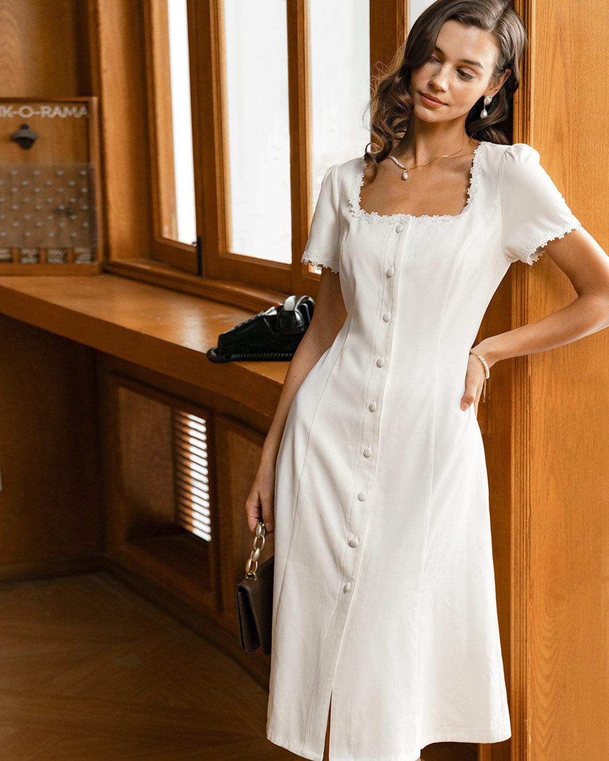White Square Neck Button Midi Dress Product Image