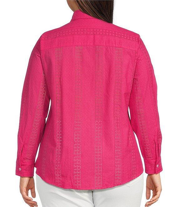 Foxcroft Plus Size Zoey Cotton Eyelet Long Sleeve Button Front Shirt Product Image