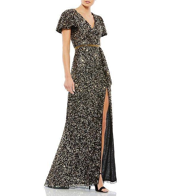 Mac Duggal Sequin V-Neck Short Flutter Sleeve Front Slit Gown Product Image