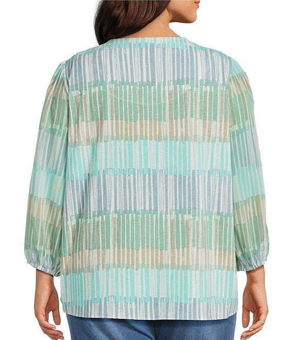 Multiples Plus Size Slub Knit Embroidered Printed Split V-Neck 3/4 Sleeve Top Product Image