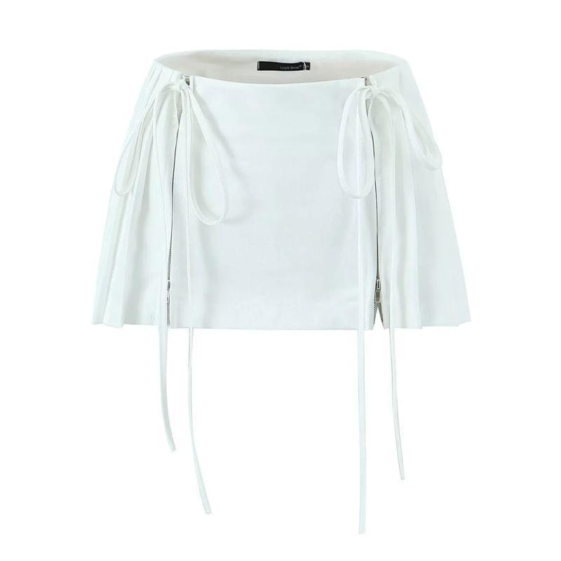 Low Waist Plain Pleated Drawstring Mini A-Line Skirt Product Image