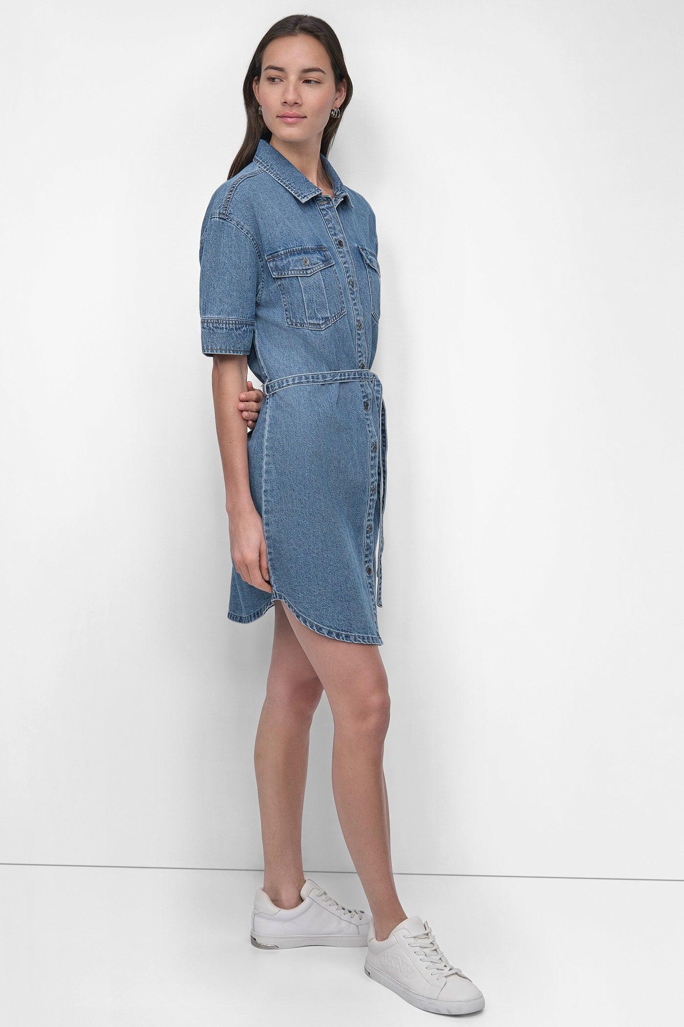 BELTED DENIM MINI SHIRT DRESS Product Image