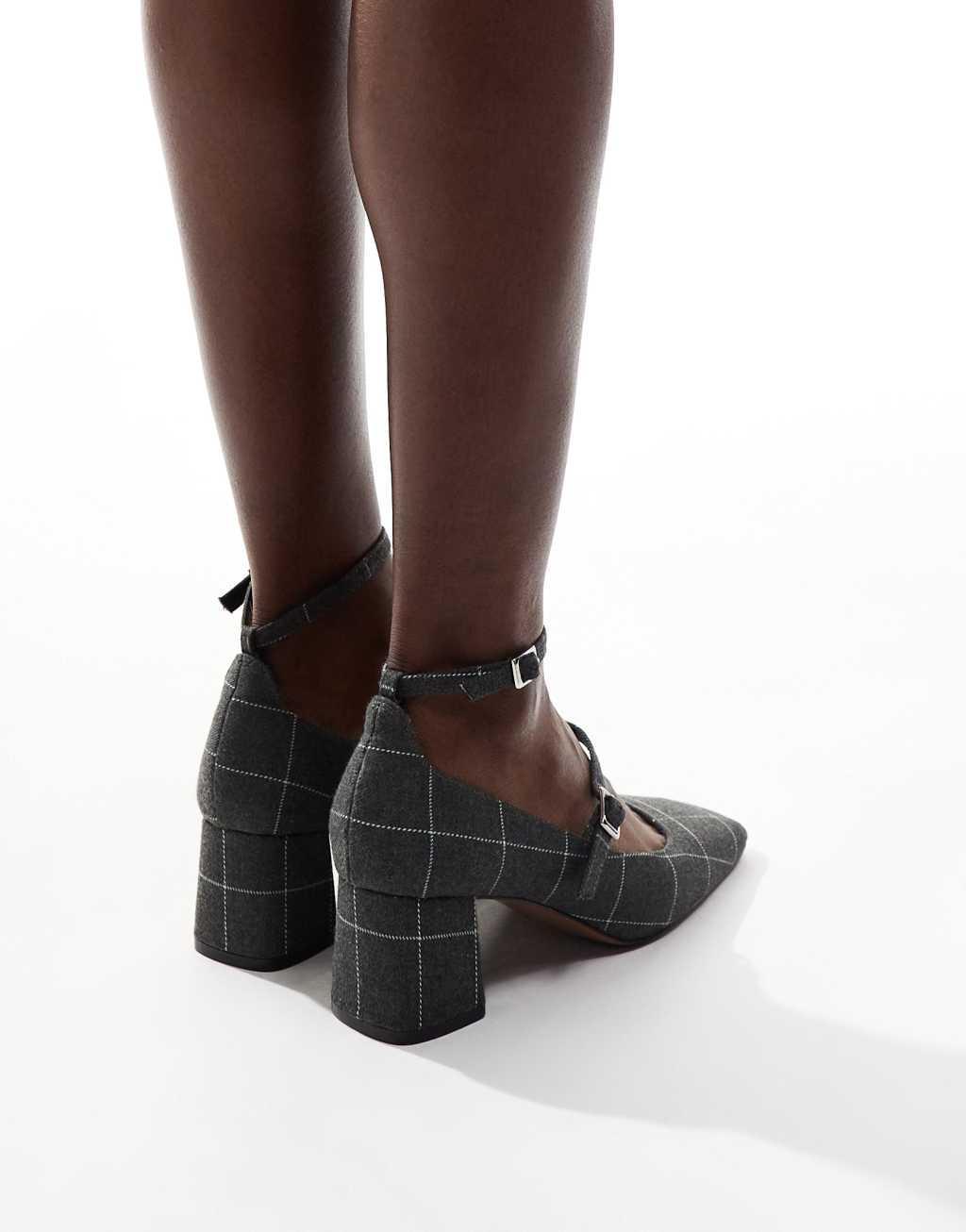 ASOS DESIGN Sheldon mary jane mid block heeled shoes in gray check Product Image