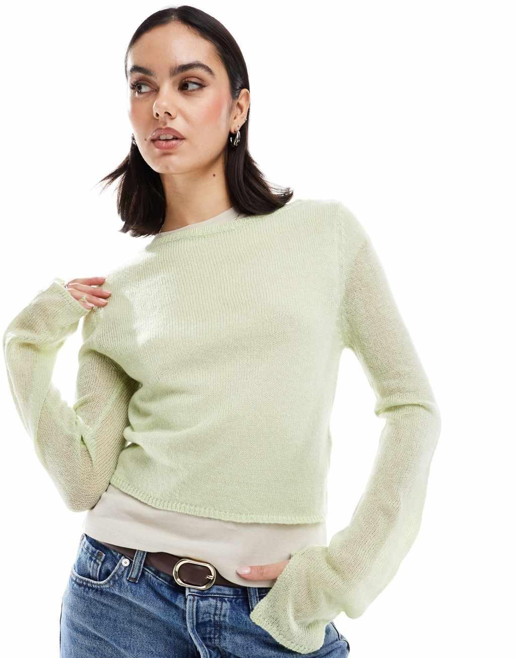 ASOS DESIGN crew neck sweater in loose knit in sage Product Image