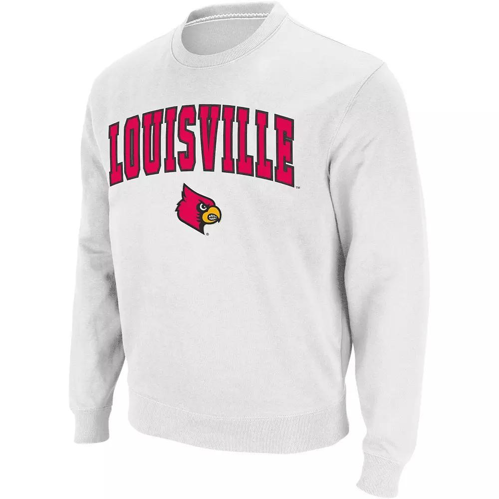 Men's Colosseum White Louisville Cardinals Arch & Logo Crew Neck Sweatshirt, Size: Small Product Image