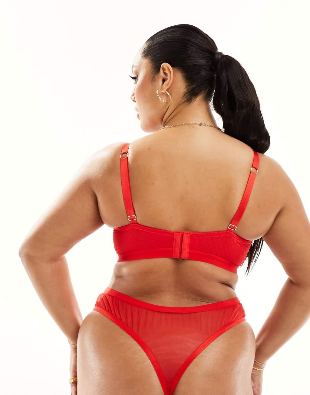 ASOS DESIGN Curve Kaye lace and spot high waisted thong in red Product Image