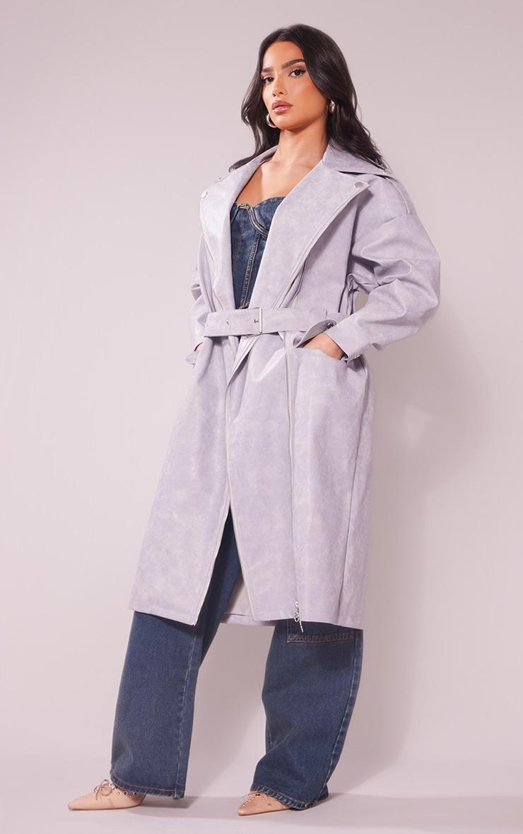 Petite Washed Grey Pu Biker Trench Product Image