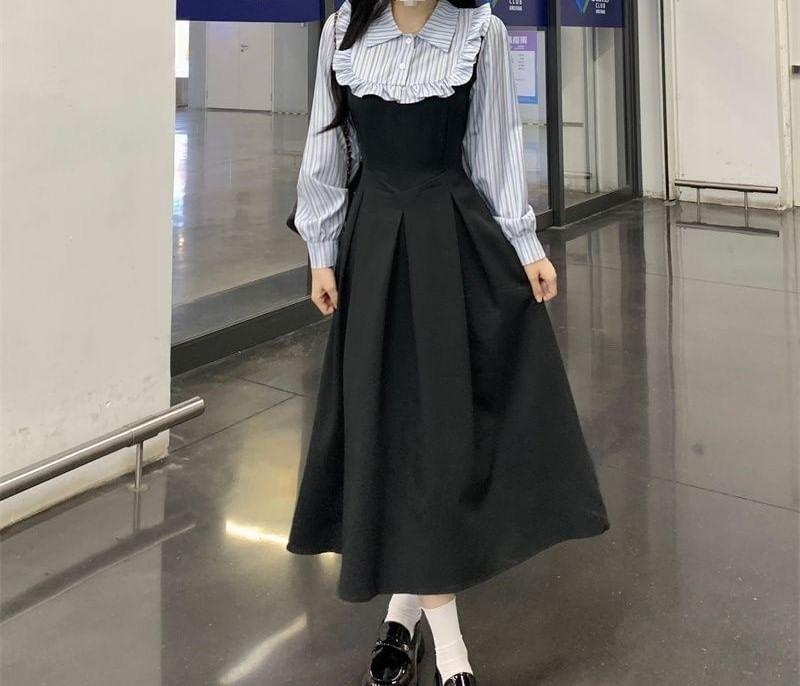 Long-Sleeve Collar Striped Panel Ruffle Midi A-Line Dress Product Image