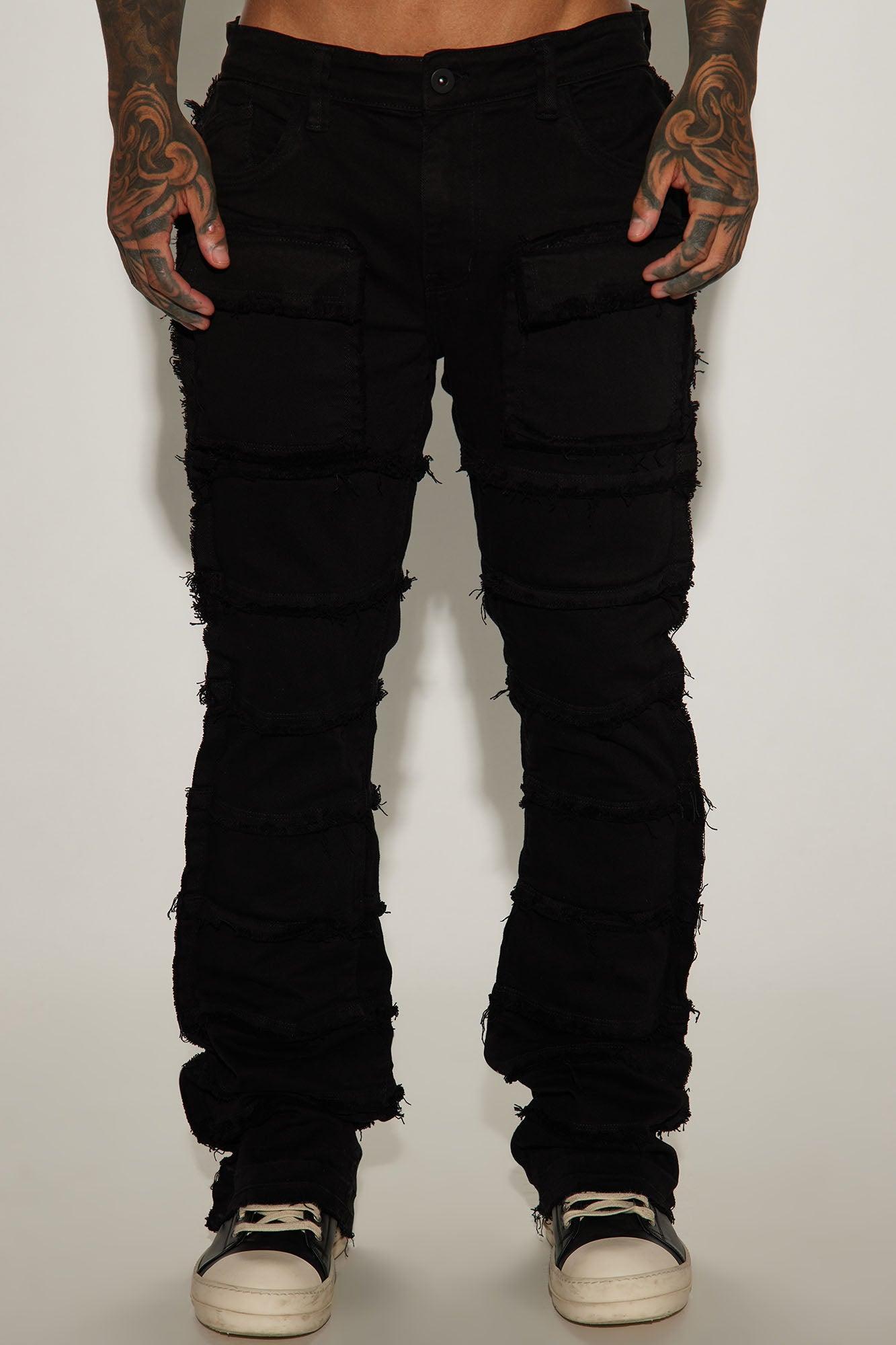 Square Pockets Fray Stacked Skinny Flare Pants - Black Product Image