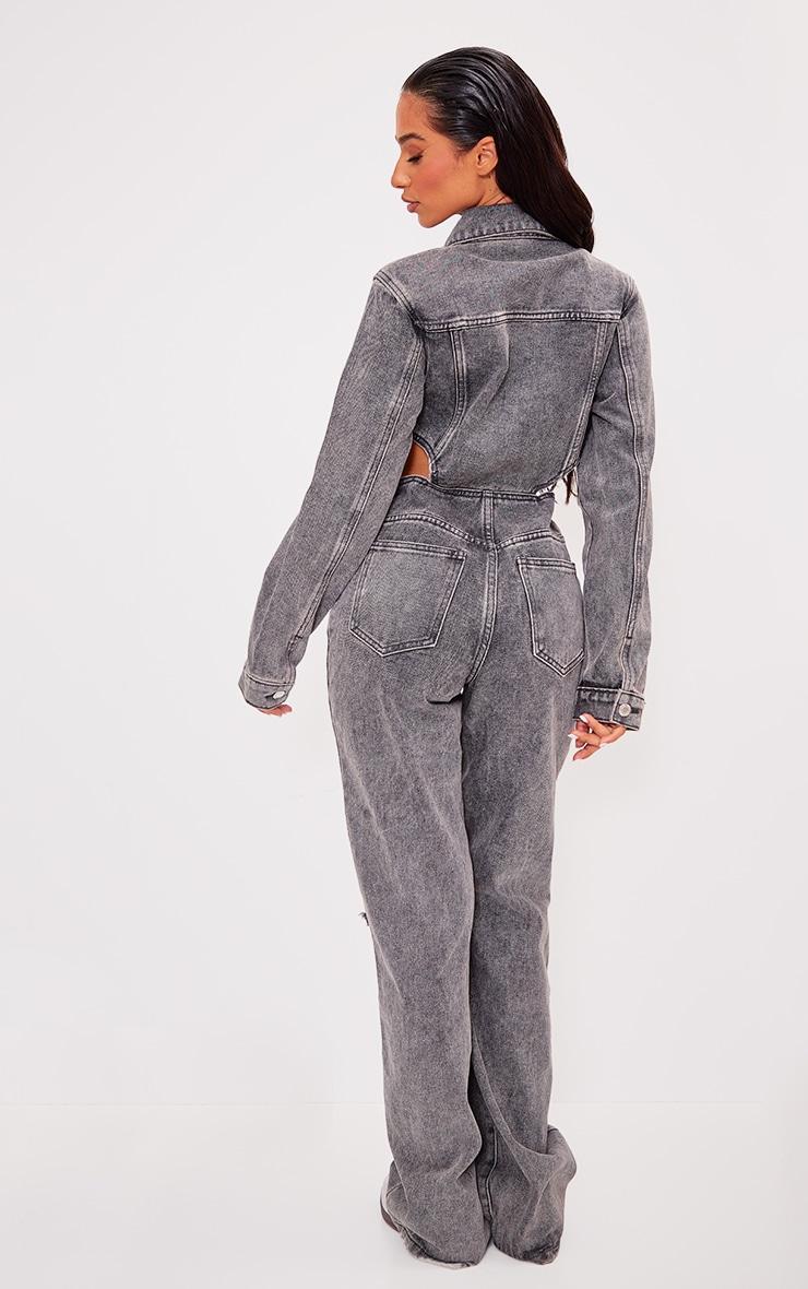 Petite Washed Grey Denim Cut Out Jumpsuit Product Image