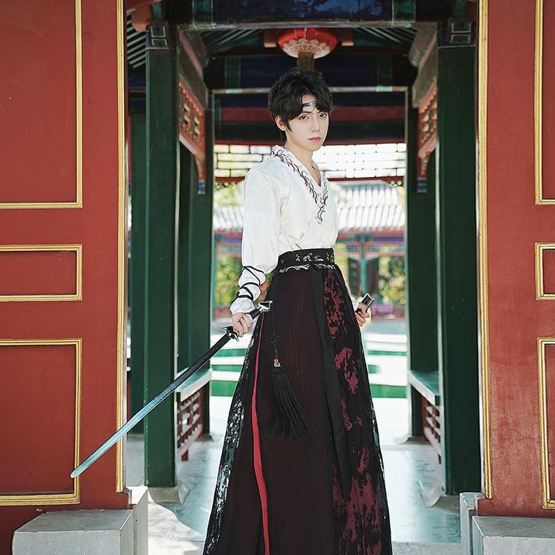 Traditional Chinese Long-Sleeve Top / Sleeveless Top / Maxi A-Line Skirt / Belt / Set Product Image