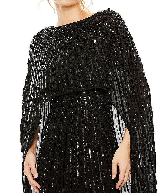 Mac Duggal Sequin Mesh Embellished Beaded Boat Neck Cape Sleeve Column Gown Product Image