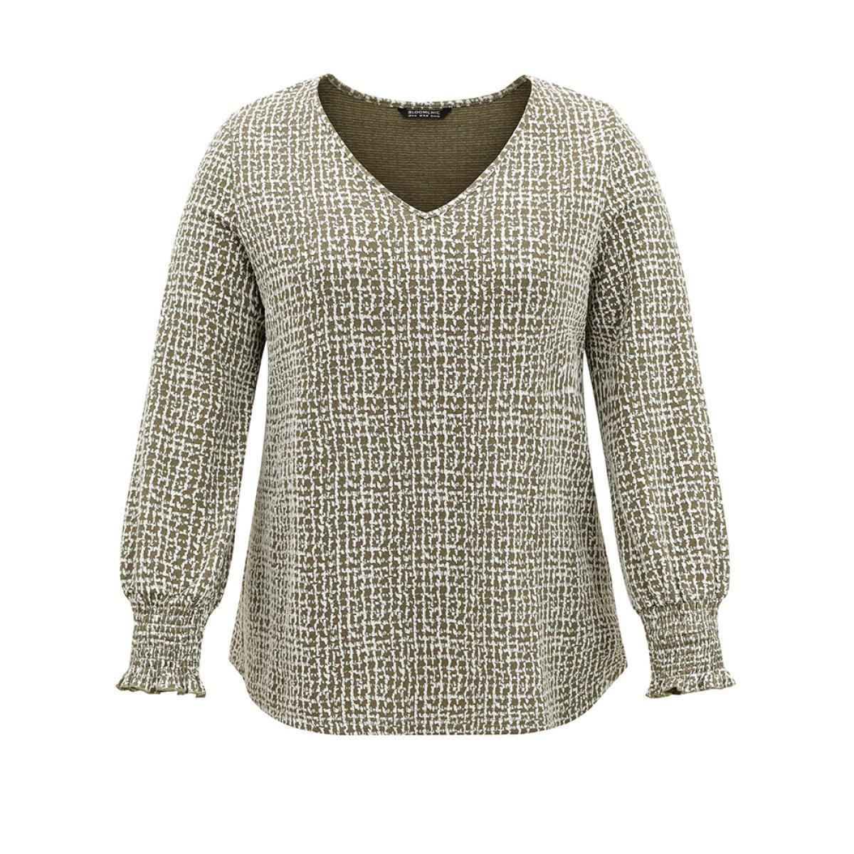 Plus Size Rib Knit Shirred Texture V Neck T-shirt Green Women Casual Texture Plain V-neck Dailywear T-shirts BloomChic 12/L Product Image