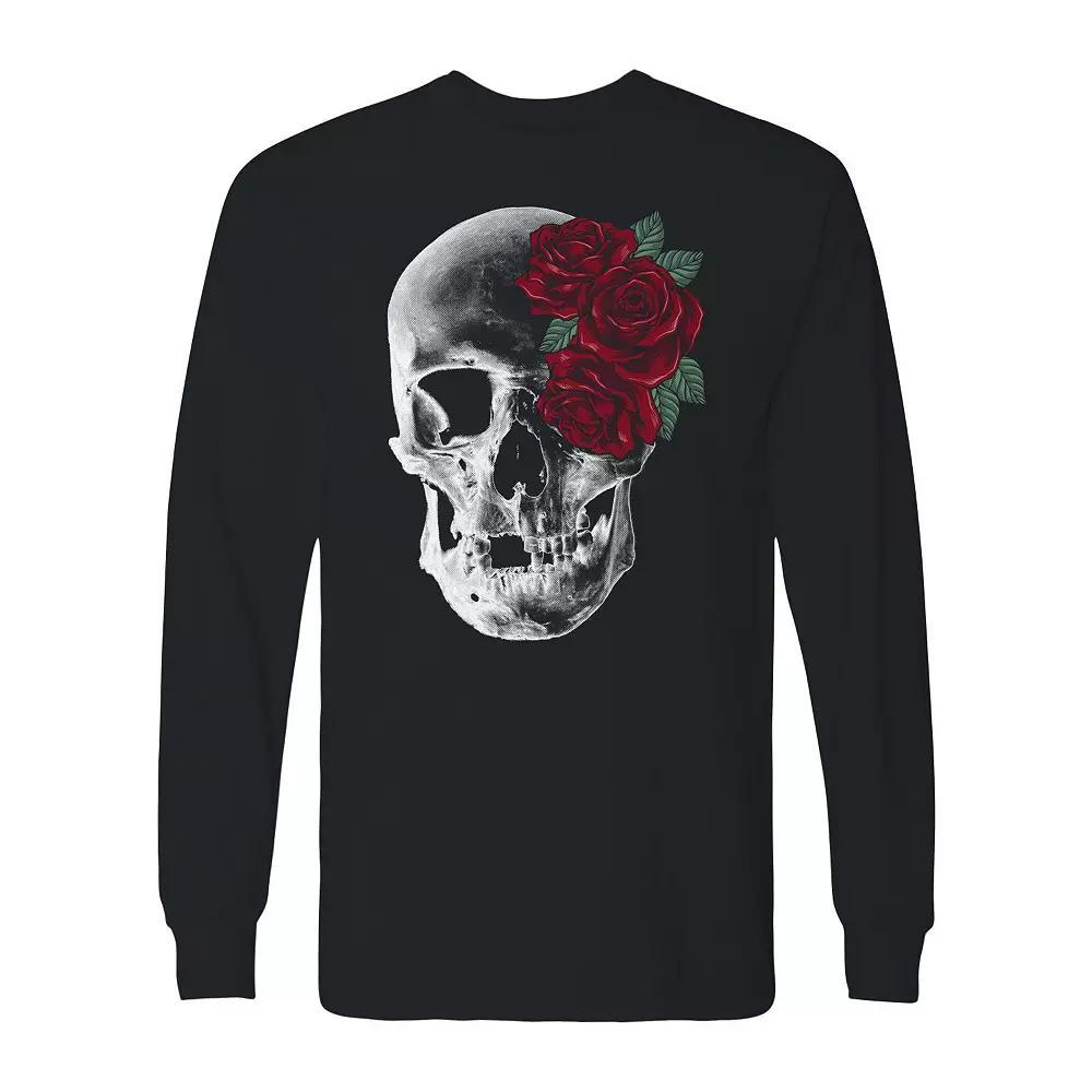 Men's Red Roses And Skull Long Sleeve Graphic Tee, Size: XXL, Black Product Image