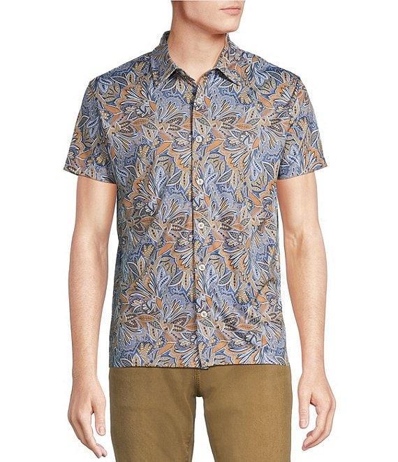 Cremieux Premium Denim Boho Floral Print Short Sleeve Coat Front Knit Shirt Product Image