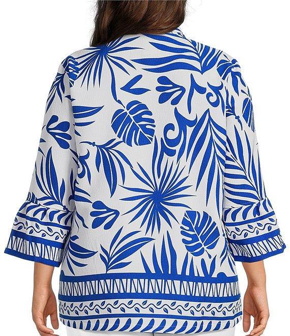 Multiples Plus Size Bark Cloth Border Print Wire Collar 3/4 Sleeve Fitted Button Front Top Product Image
