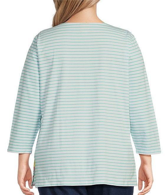 Ruby Rd. Plus Size Knit Floral Embroidered Split Neck 3/4 Sleeve Top Product Image