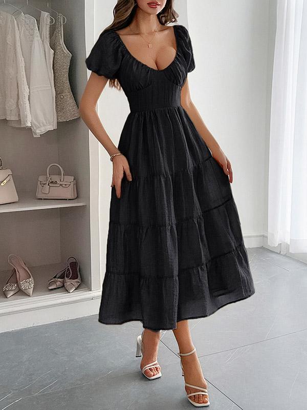 A-Line Loose Backless Pleated Solid Color Tied V-Neck Midi Dresses Product Image