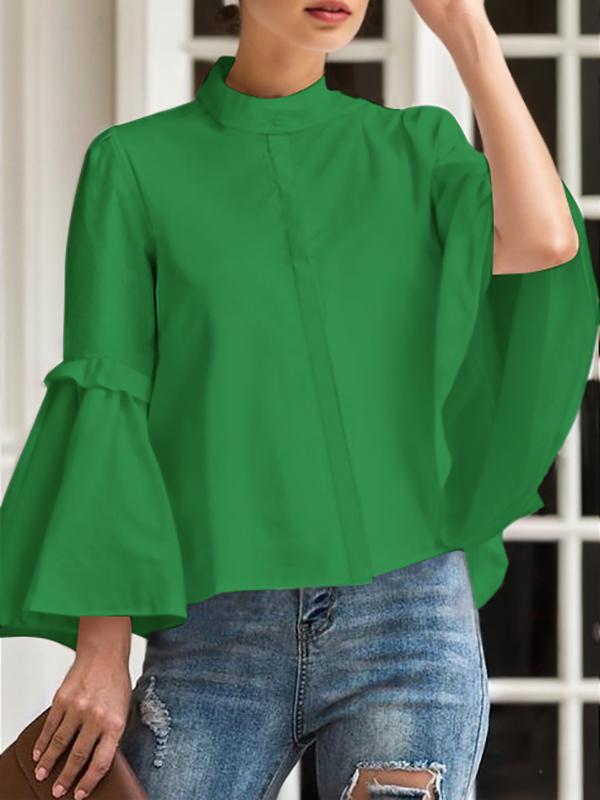 Flared Sleeves Long Sleeves Buttoned Pleated Solid Color Split-Joint Stand Collar Blouses&Shirts Tops Product Image
