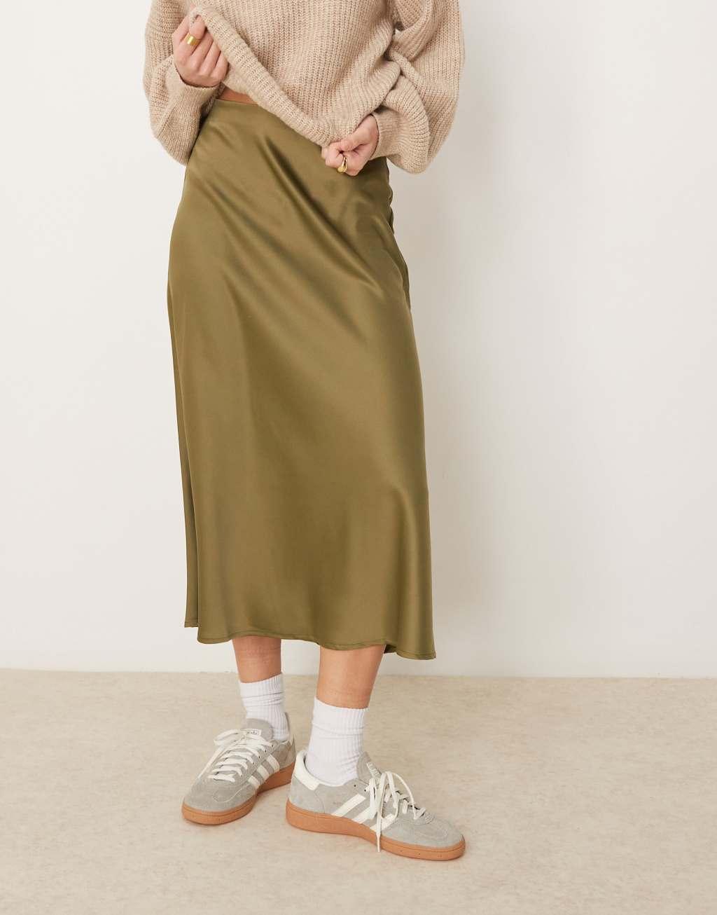 YAS satin midi skirt in olive green Product Image