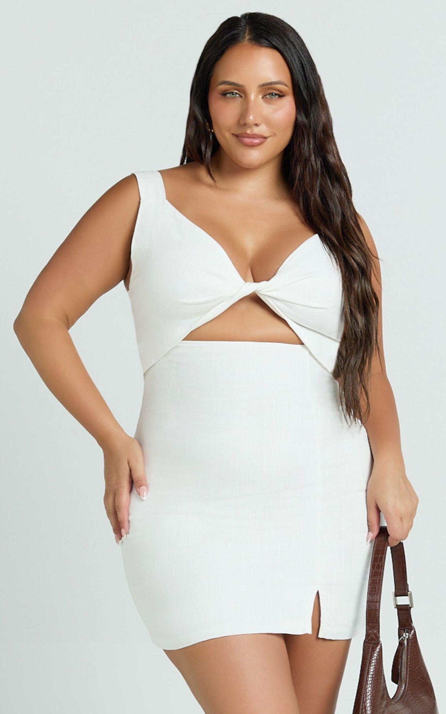 Finnley Mini Dress - Linen Twist Front Cut Out Dress in White Product Image