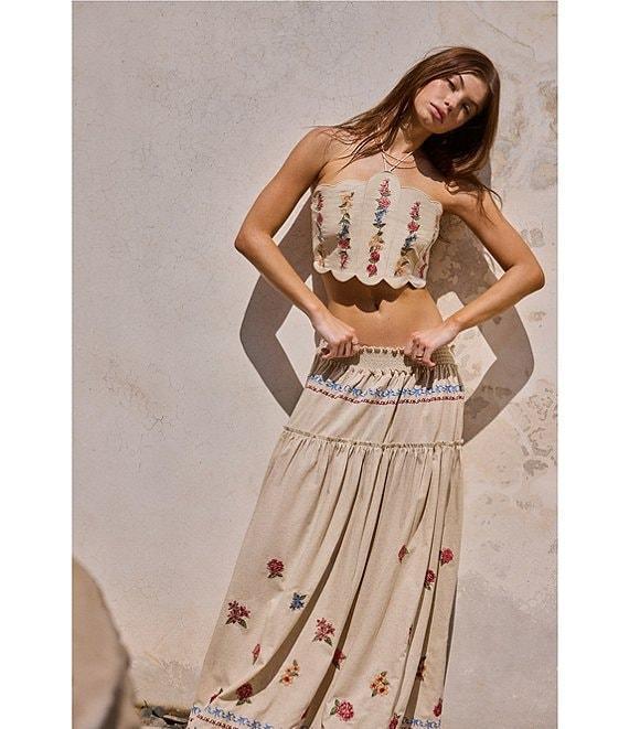 Agua Bendita Serenity Blush Floral Embroidered Halter Neck Scallop Crop Top Product Image