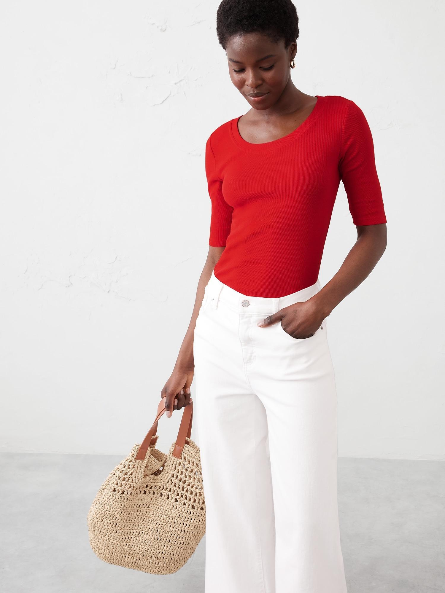 Ribbed Elbow-Sleeve T-Shirt Product Image