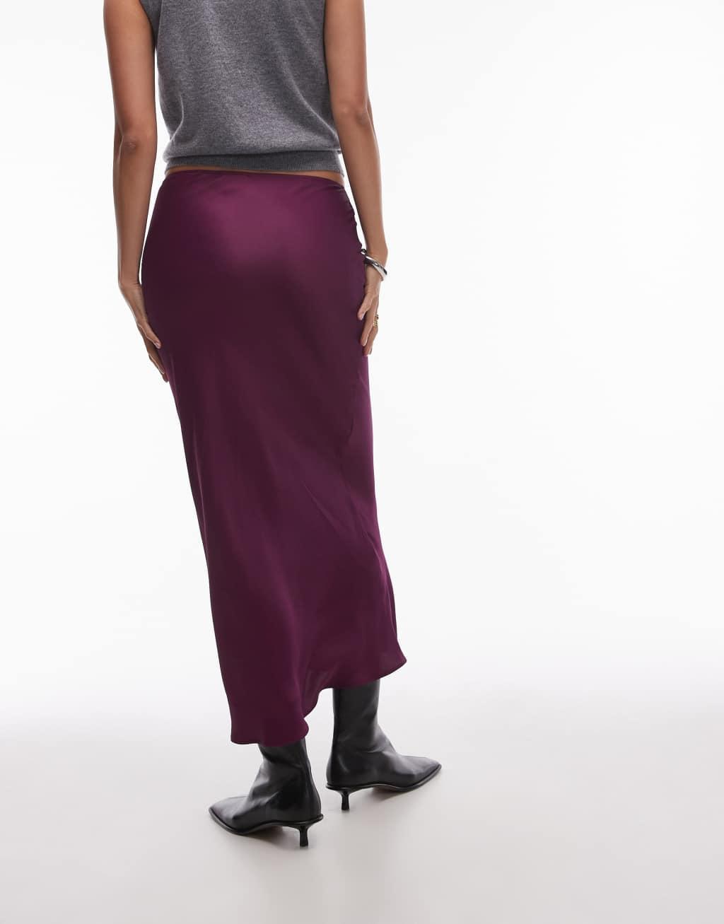 Topshop satin bias maxi skirt in burgundy Product Image