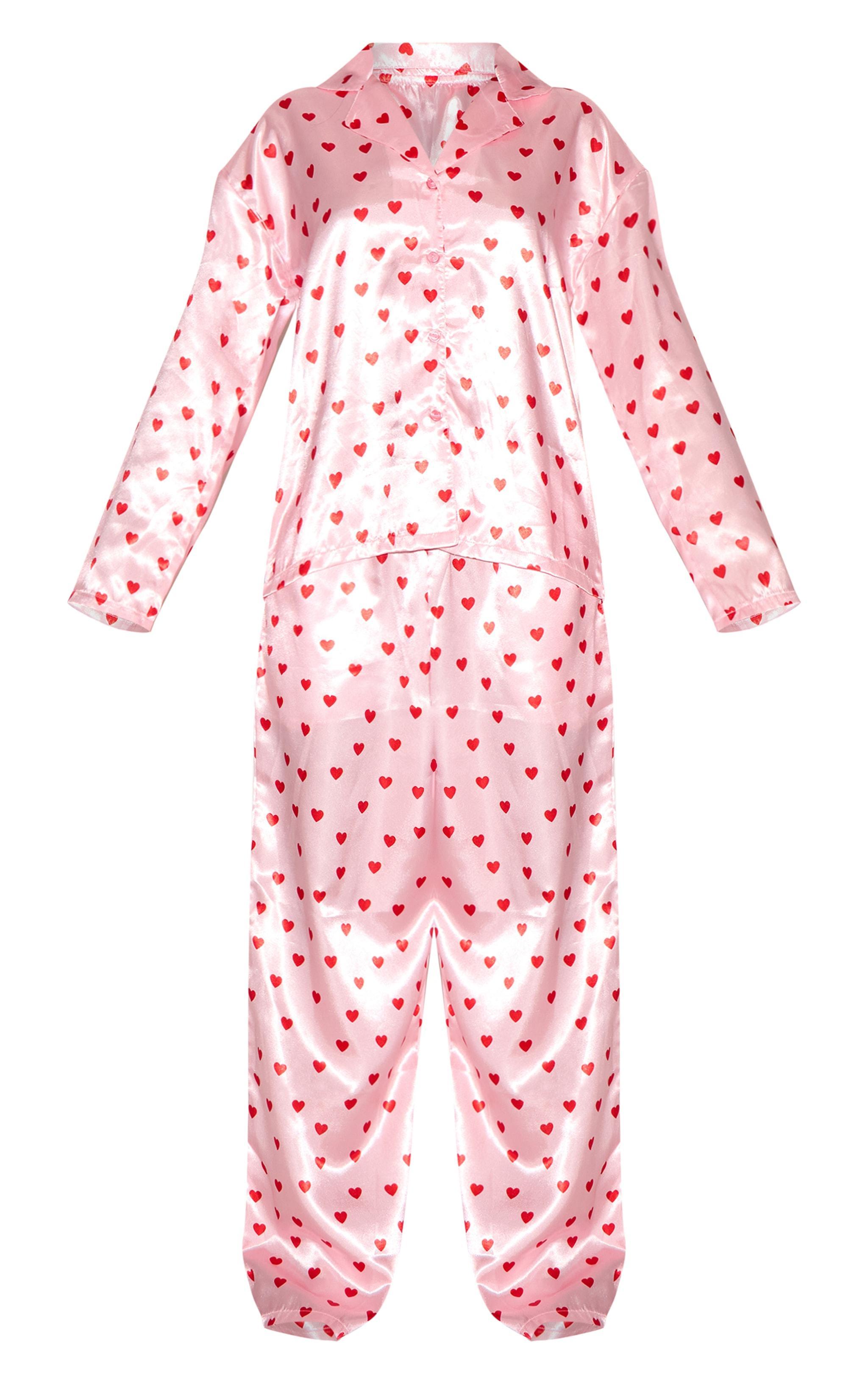 Pink Satin Heart Print Long Pj Set Product Image