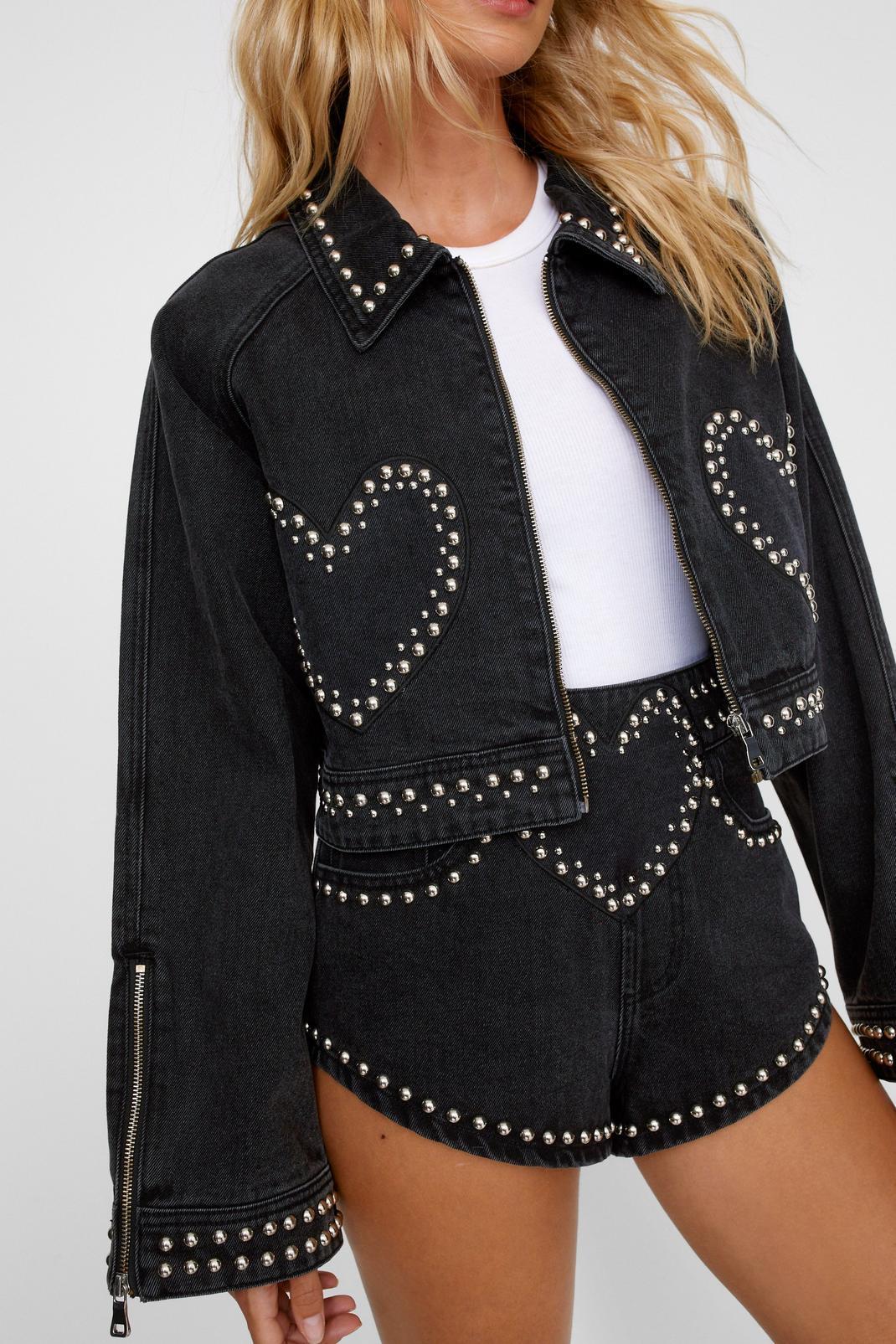 Heart Studded Cropped Denim Jacket Product Image