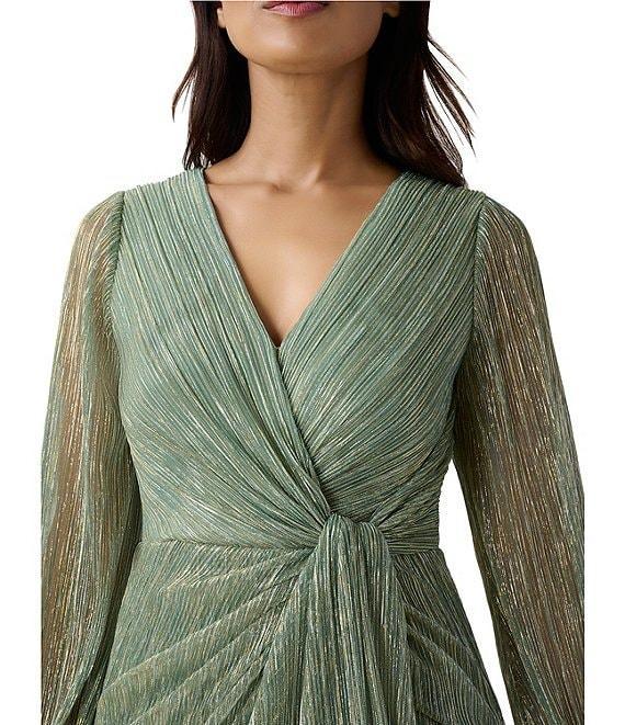 Adrianna Papell Metallic Long Sleeve Surplice V-Neck Ruched Detailed Draped Gown Product Image