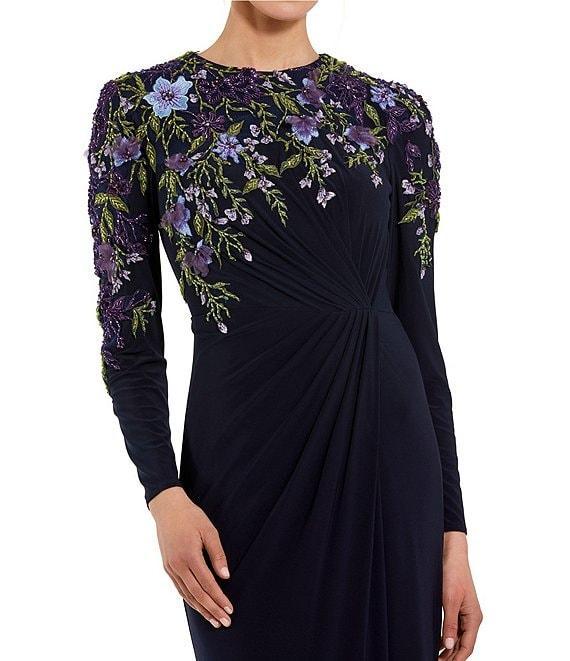 Mac Duggal Floral Embellished Knit Crew Neck Long Sleeve Gathered Side Gown Product Image