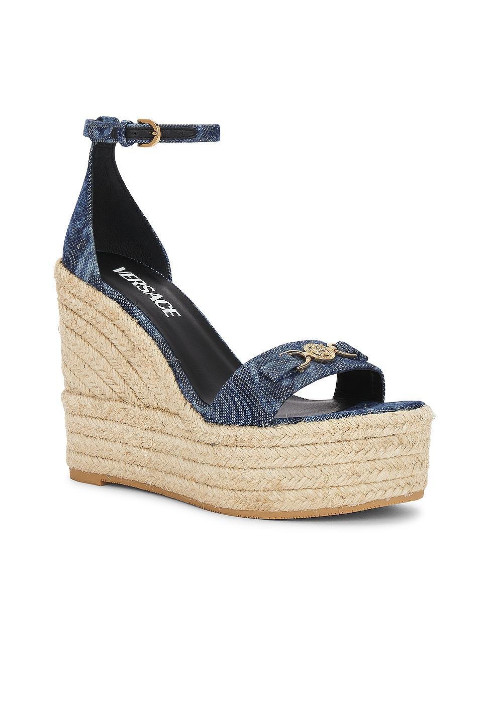 VERSACE Fabric Wedge Espadrille Sandal in Blue - Blue. Size 41 (also in ). Product Image