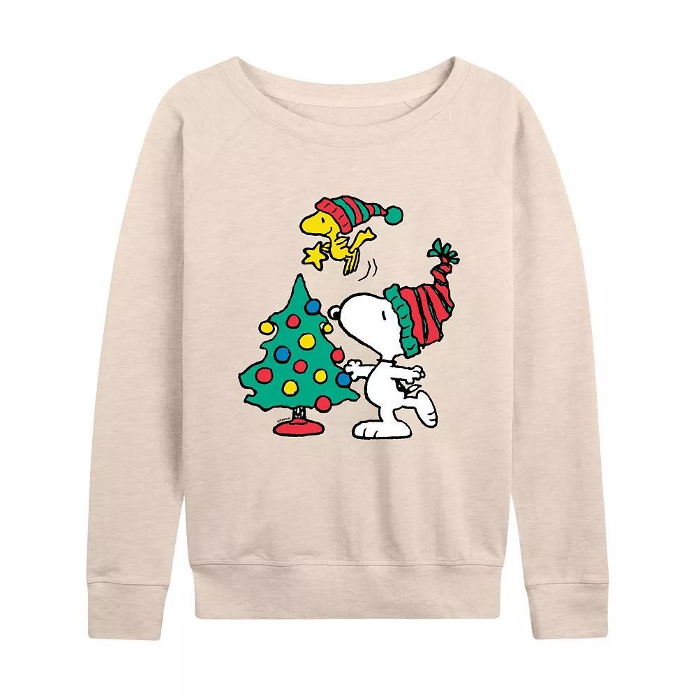 Women's Peanuts Christmas Tree French Terry Long Sleeve Tee, Size: Small, Beige Product Image