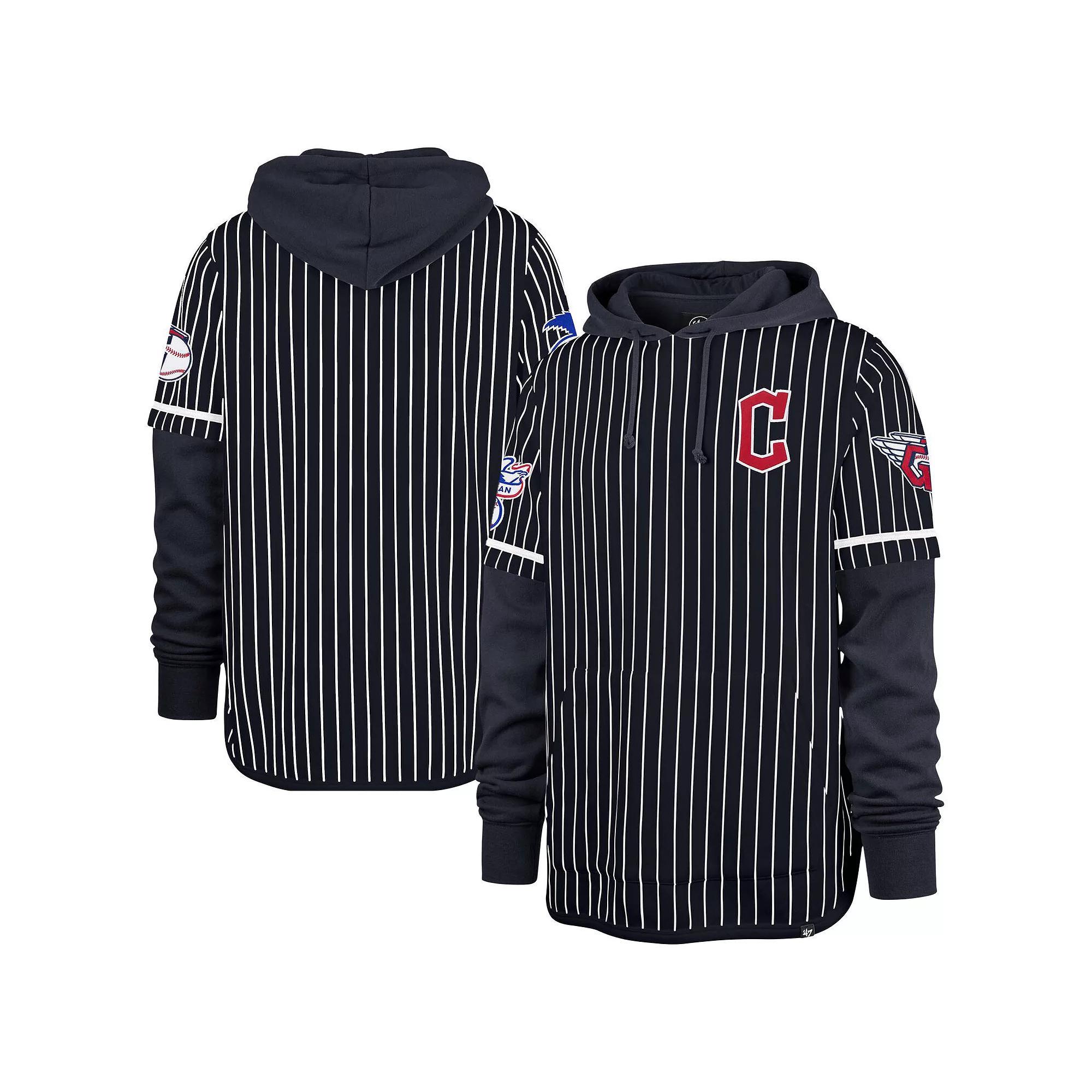 Men's '47  Navy Cleveland Guardians Pinstripe Double Header Pullover Hoodie, Size: XL, Grd Blue Product Image