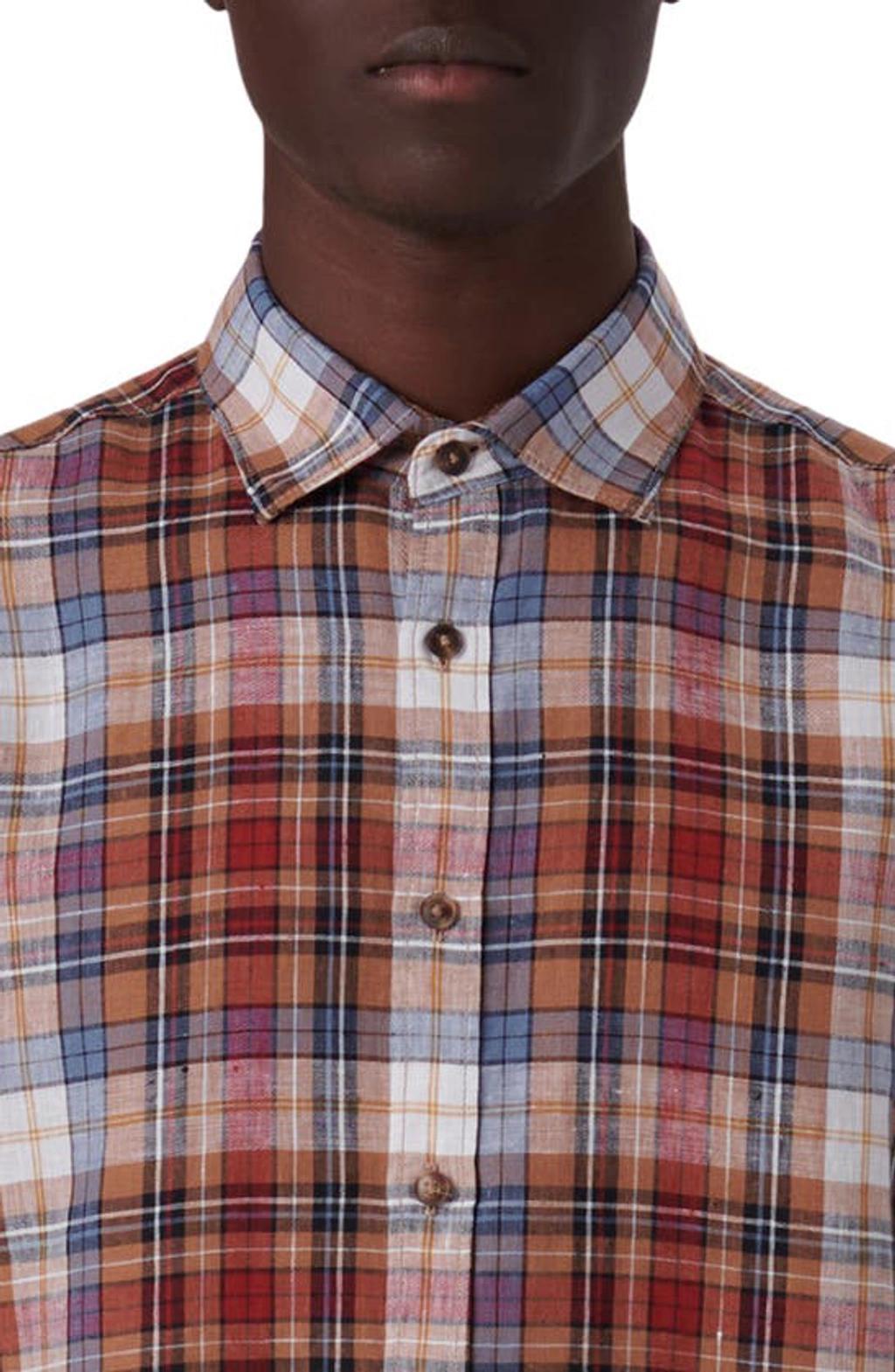 BUGATCHI Plaid Linen Button-up Shirt In Caramel Product Image