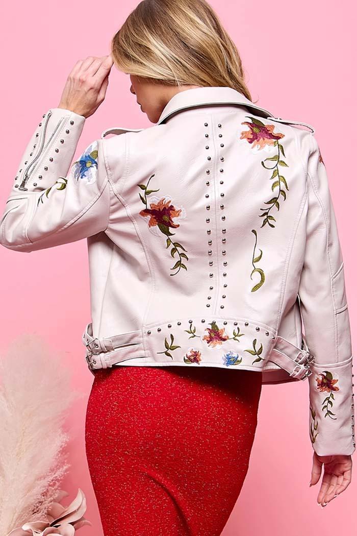 Floral Embroidery Leather Jacket Product Image