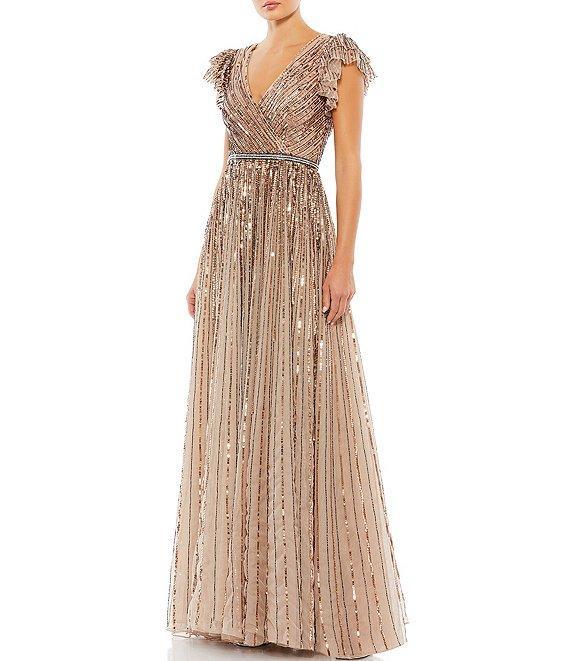 Mac Duggal Sequin Wrap Over Surplice V-Neck Ruffle Cap Sleeve Gown Product Image
