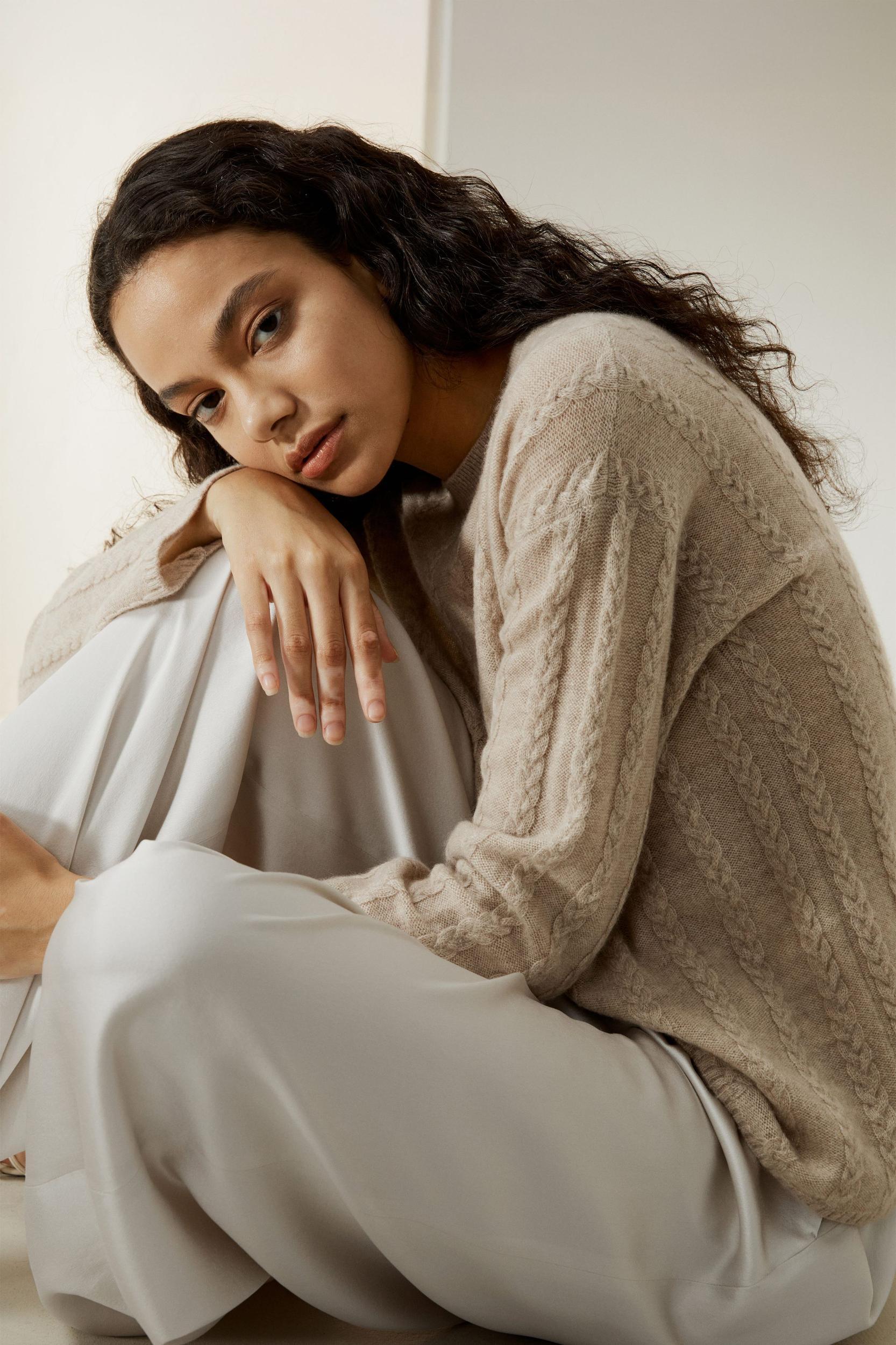 LILYSILK Pure Cashmere Sweaters - for Women - White Premium Cashmere - Simple Yet Classic Cable-Knit Sweater XL Product Image