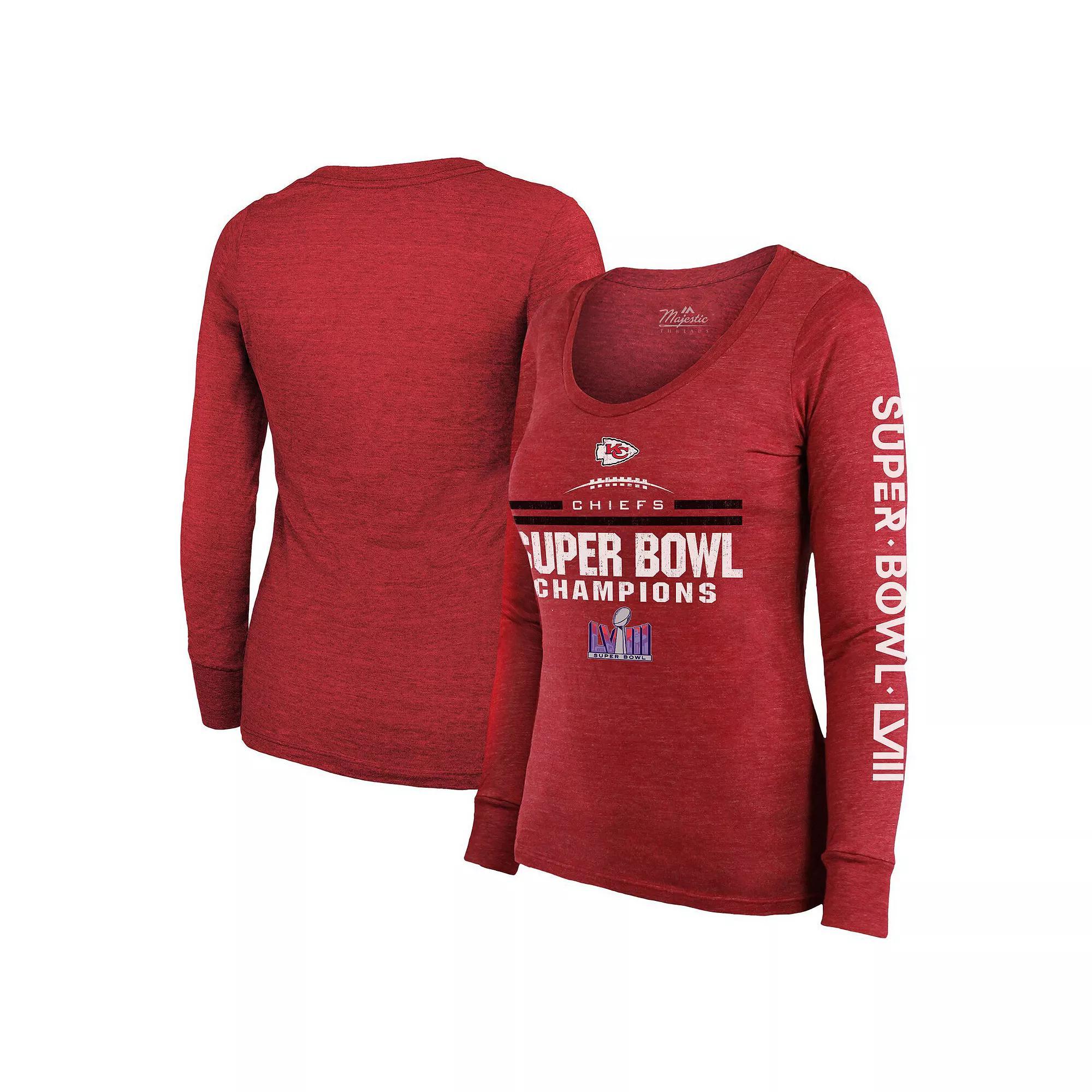 Women's Majestic Threads  Red Kansas City Chiefs Super Bowl LVIII Champions Goal Line Stand Scoop Neck Tri-Blend Light Weight Long Sleeve T-Shirt, Size: XL Product Image