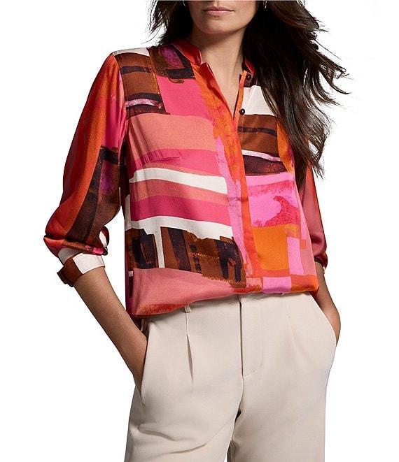 NIC + ZOE Artful Blocks Glossy Stand Collar Long Sleeve Blouse Product Image