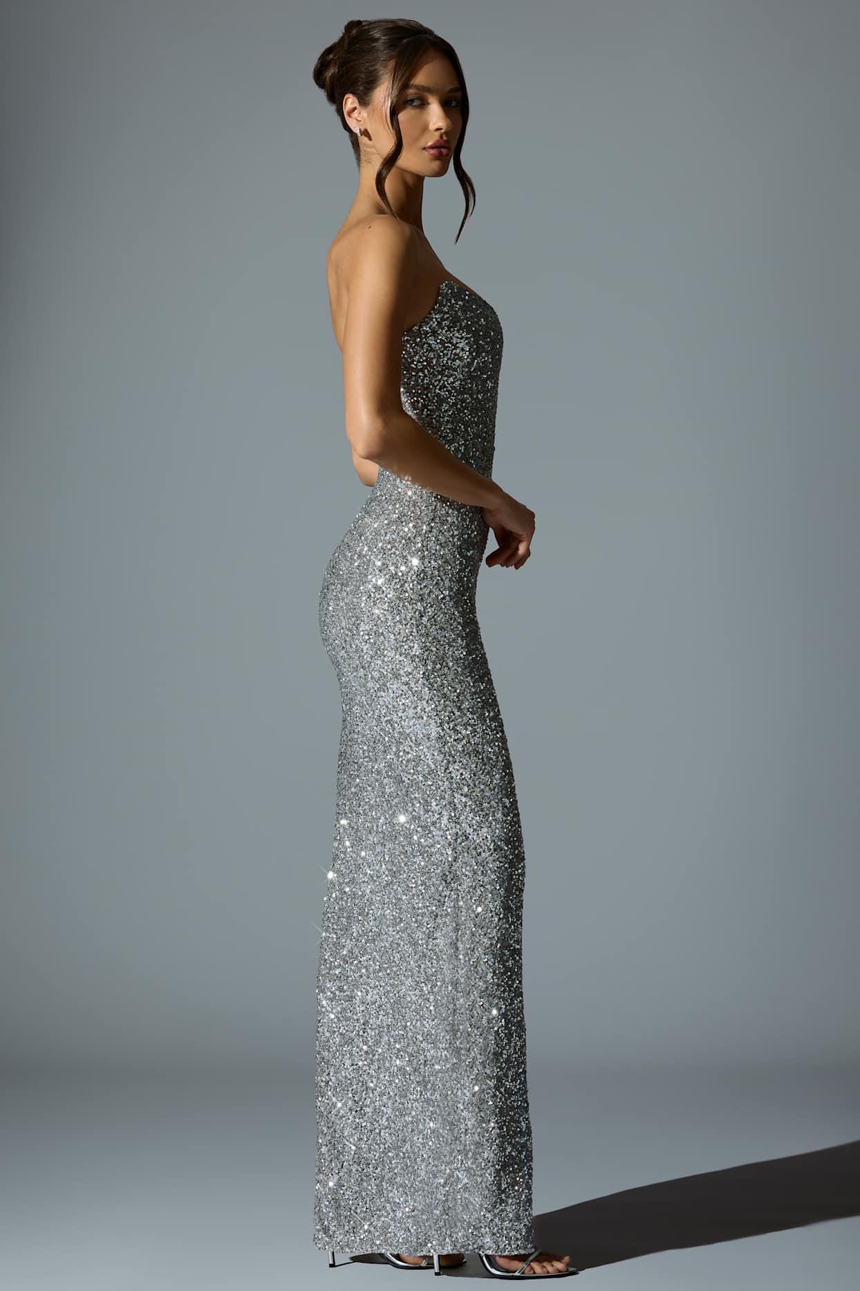 Embellished Corset Gown in Silver Product Image