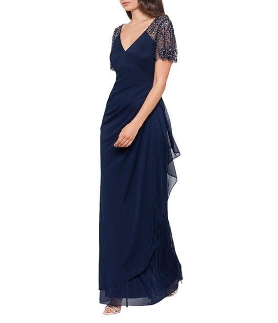 Xscape Short Beaded Sheer Flutter Sleeve Cascading Draped Waist V-Neck Beaded Gown Product Image