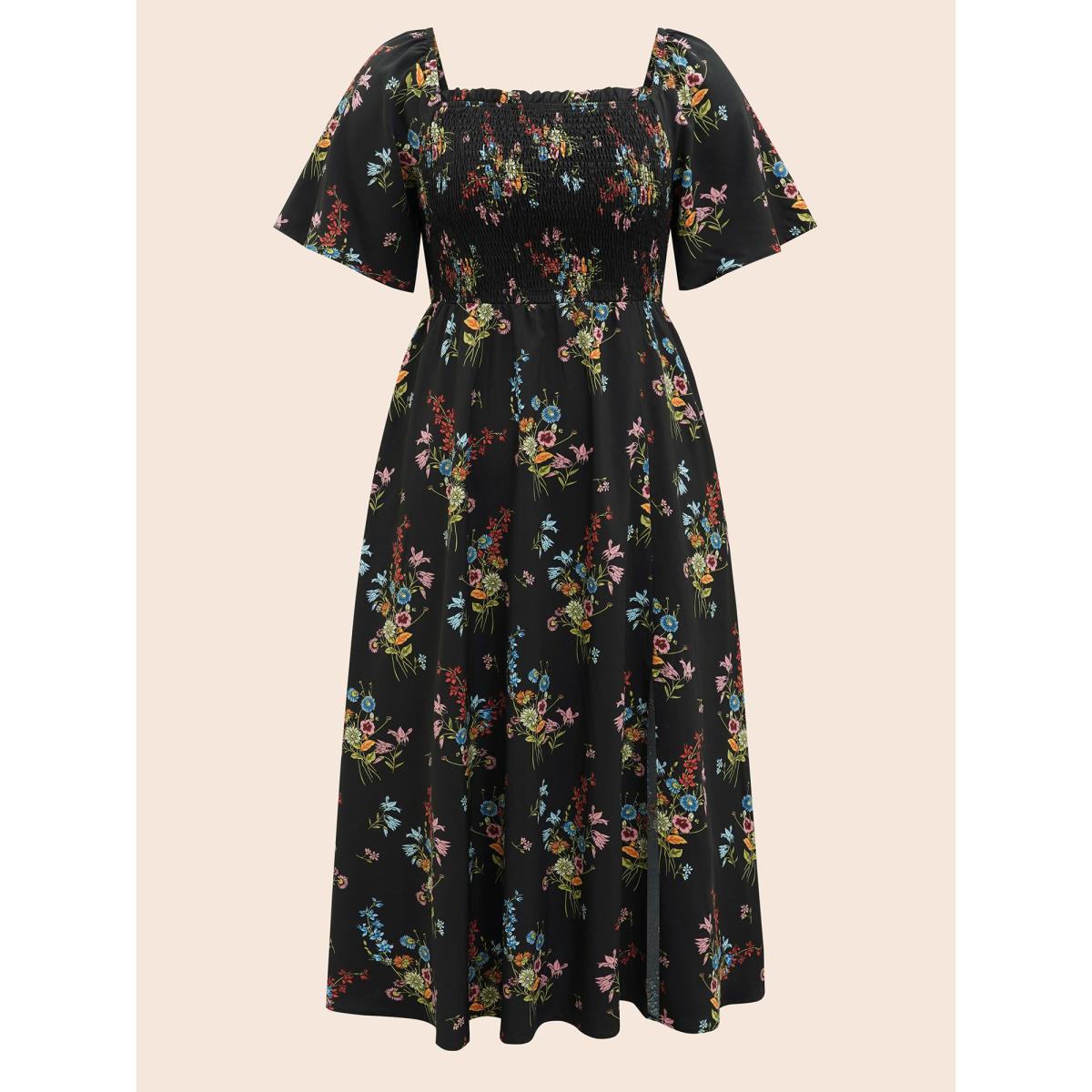 Plus Size Ditsy Floral Shirred Split Hem Dress Black Women Elegant Frill Trim Square Neck Short sleeve Curvy BloomChic 12/L Product Image